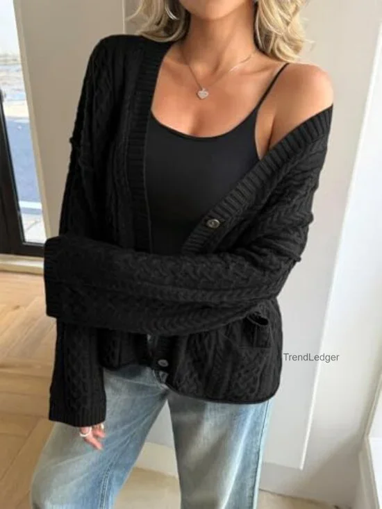 Oversized Cable Knit Cardigan Sweater Coat Long Sleeve Button Front - Picture 4 of 6